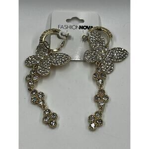 Fashion Nova Crystal Rhinestone Butterfly Dangle Statement Earrings